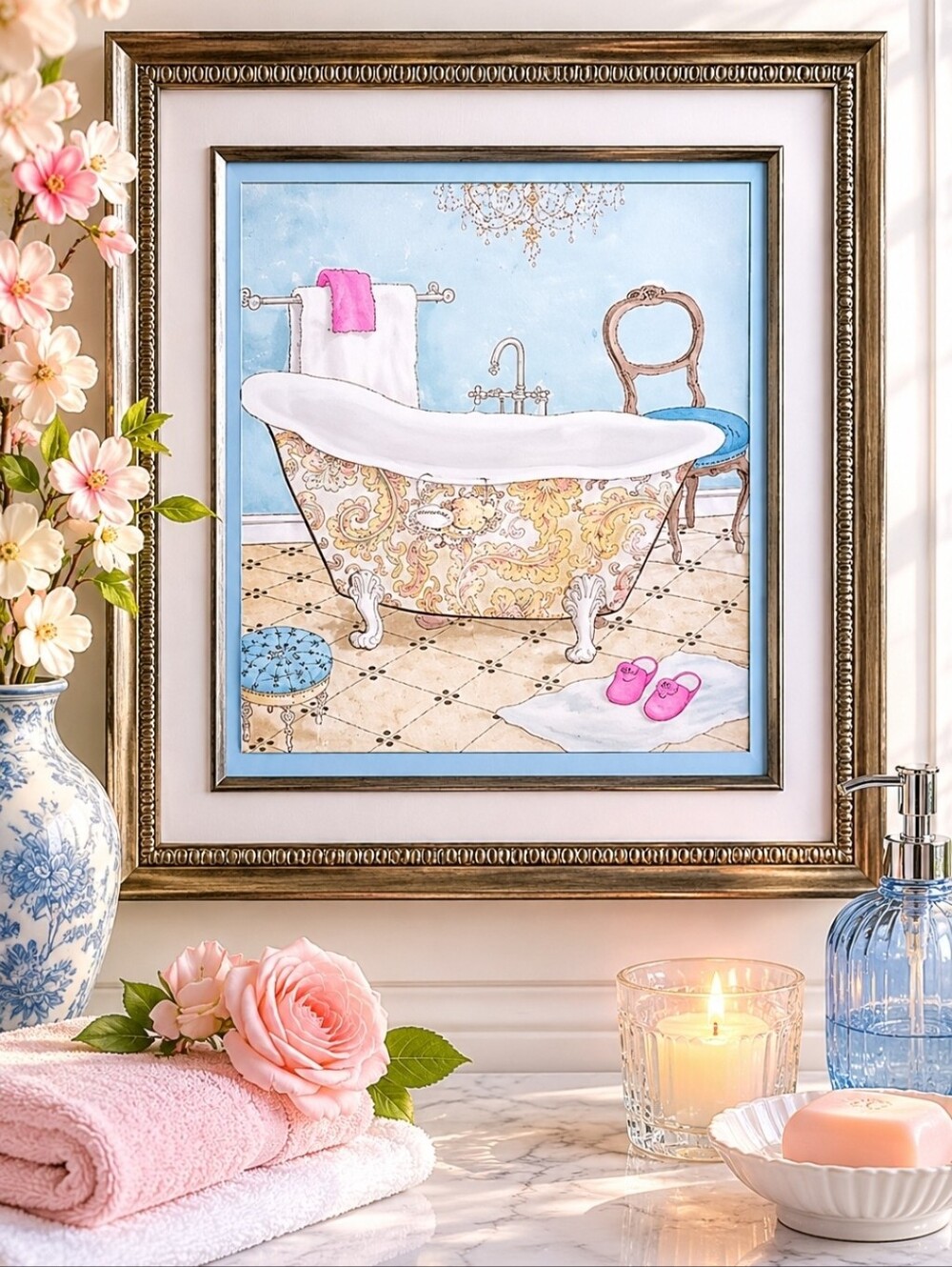 Vintage French Country Bathtub Wall Art Framed Bathroom Decor